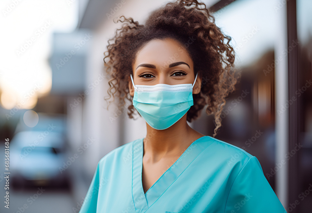 Happy nurse with face mask smiling at hospital.