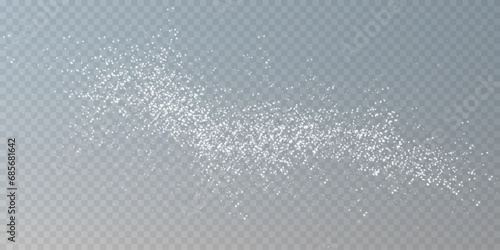 White scattering of small particles of sugar crystals, flying salt, top view of baking flour. White powder, powdered sugar explosion isolated on transparent light background. Vector illustration. 