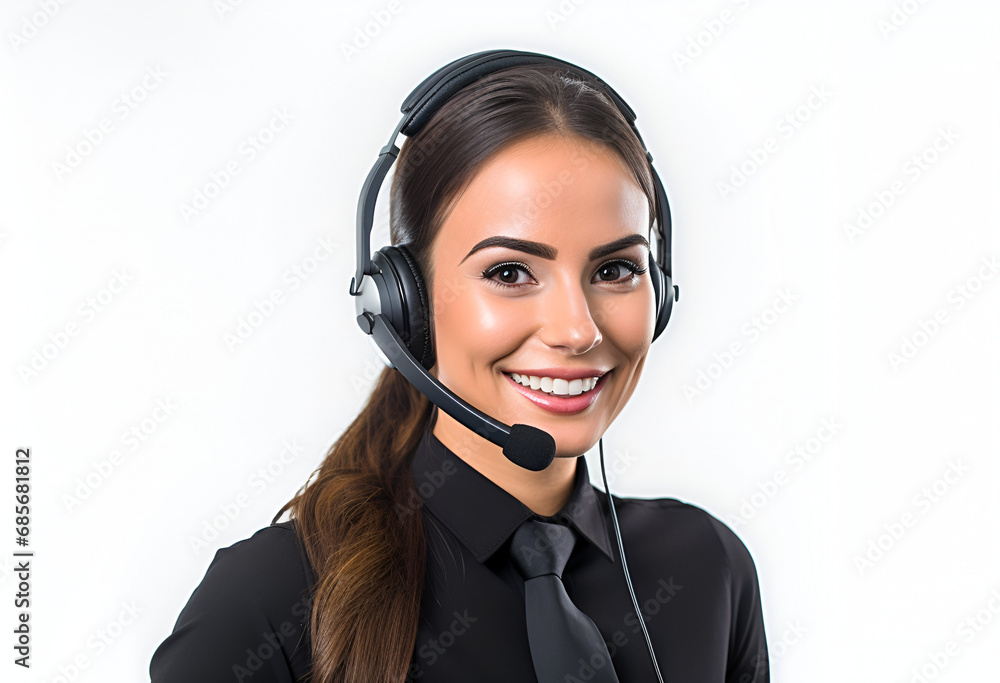 Happy smiling woman working in call center on white background Happy smiling woman working in call center on white background