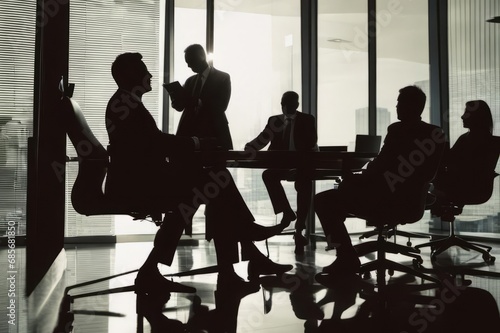 Silhouettes of business people in a meeting room with window
