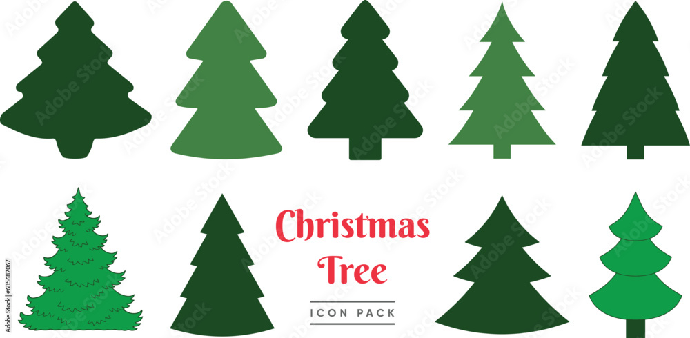 Big Set of Christmas tree green icon in trendy farmhouse style. Happy New Year. Vector illustration sheet of silhouette design decor beautiful plant, modern line style holiday cover pine glyph ornate Big Set of Christmas tree green icon in trendy farmhouse style. Happy New Year. Vector illustration sheet of silhouette design decor beautiful plant, modern line style holiday cover pine glyph ornate