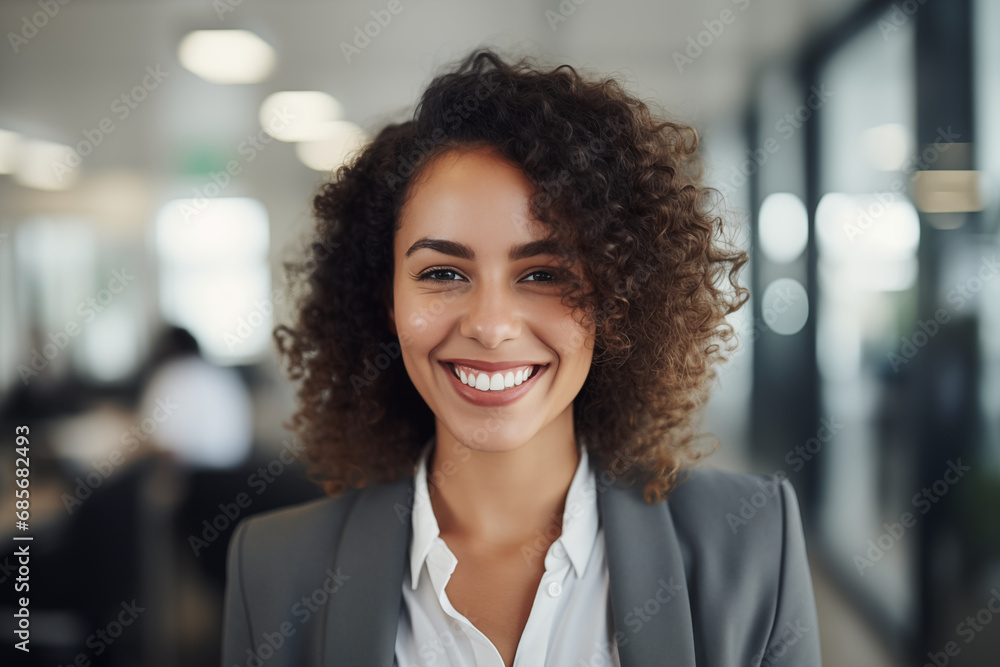 Portrait of a Radiant Businesswoman with Lush Curly Hair, Exemplifying Confidence and Professional Success in Corporate World Portrait of a Radiant Businesswoman with Lush Curly Hair, Exemplifying Confidence and Professional Success in Corporate World