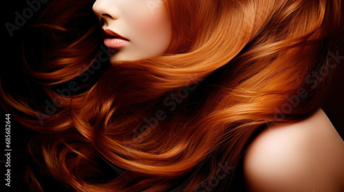 Beautiful woman with long wavy coloring hair on orange background photo