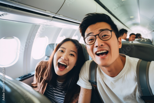 Happy couple taking selfie in airplane cabin. Traveling and tourism concept. © koala studio