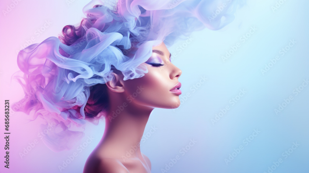 Fashion art portrait of beauty model woman in bright lights with colorful smoke. Smoking girl, Close up of a female inhaling from an electronic cigarette. Night life concept.