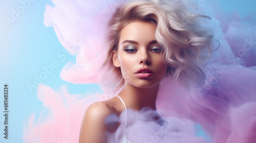 Fashion art portrait of beauty model woman in bright lights with colorful smoke. Smoking girl, Close up of a female inhaling from an electronic cigarette. Night life concept.