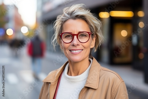Portrait of beautiful middle aged woman with short blond hair wearing black leather jacket and eyeglasses standing in the city street photo