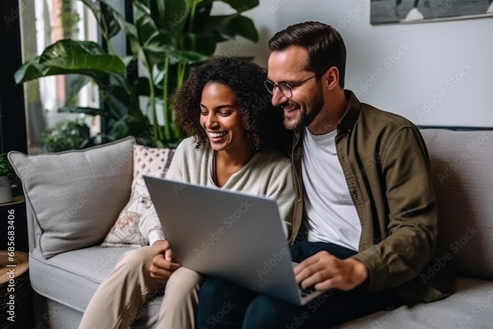 Cheerful young couple using laptop while sitting on sofa at home Cheerful young couple using laptop while sitting on sofa at home