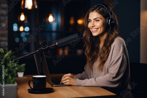 Beautiful girl in headphones singing into a microphone and using a laptop at home