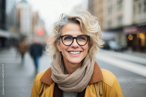 Portrait of happy senior woman in eyeglasses walking in city