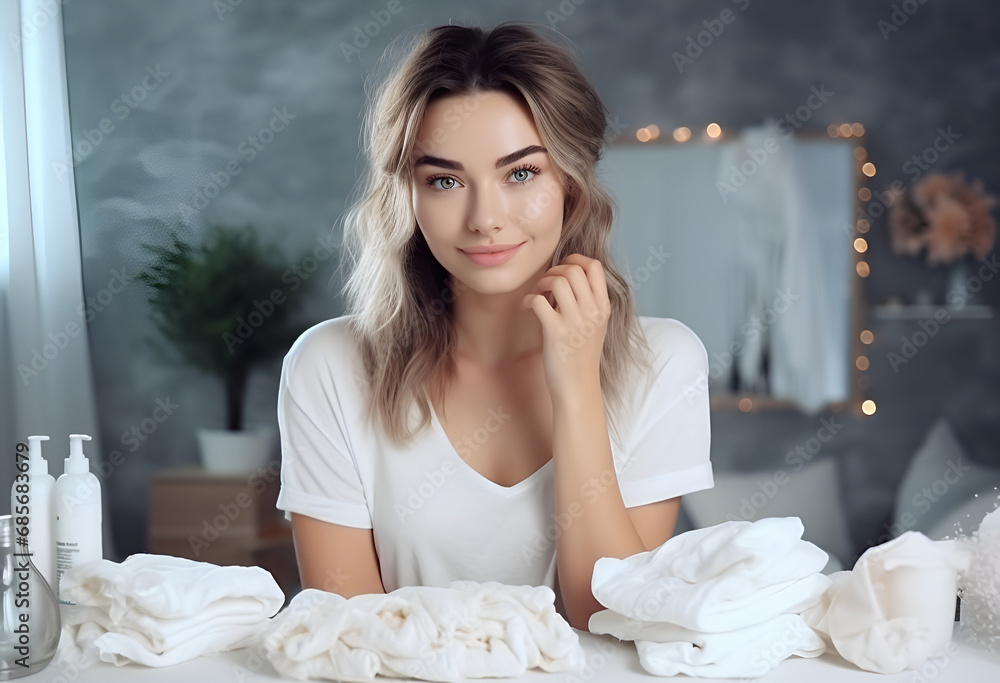 Professional female blogger cleans facial skin Professional female blogger cleans facial skin