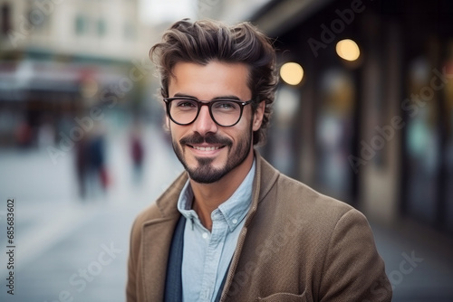 Portrait of a handsome young man with eyeglasses outdoors.