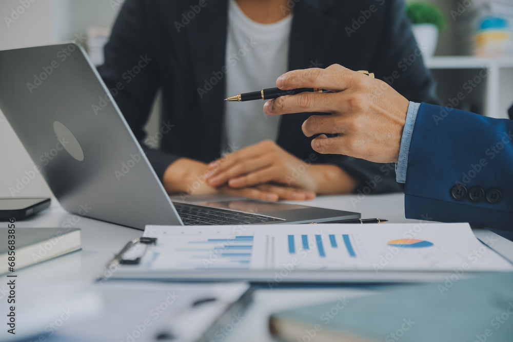 Fototapeta premium Team of business people are meeting to analyze data for marketing plan,Market research reports and income statistics, Financial and Accounting concept.