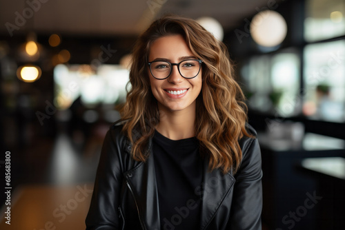 smiling young woman in eyeglasses over city street background