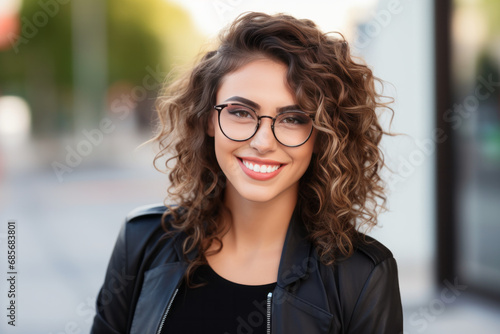 smiling young woman in eyeglasses over city street background