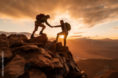 Hiker couple shaking hands on the top of the mountain during sunrise