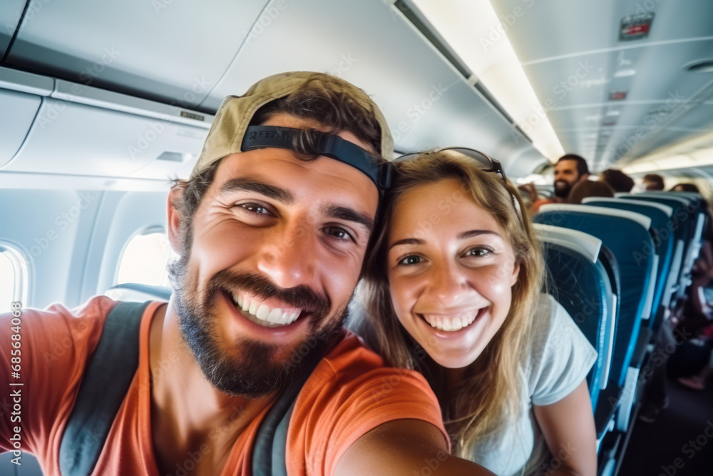 Happy couple taking selfie in airplane cabin. Traveling and tourism concept.