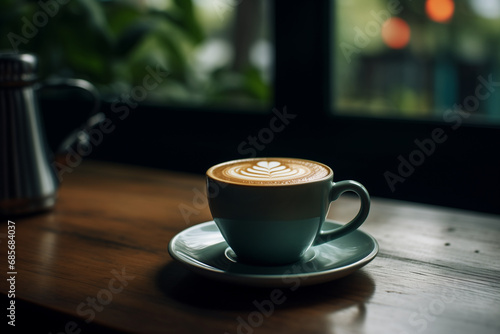 Turquoise coffee cup with latte art on wooden table, plants cafe's window on background. Image for mood board, poster, aesthetic backdrop banner with copy space