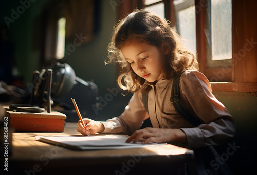 School girl writing in class.