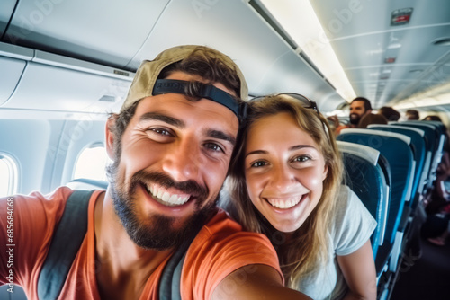 Happy couple taking selfie in airplane cabin. Traveling and tourism concept.