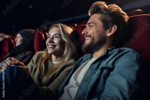 cinema, entertainment and people concept - happy couple watching movie in cinema