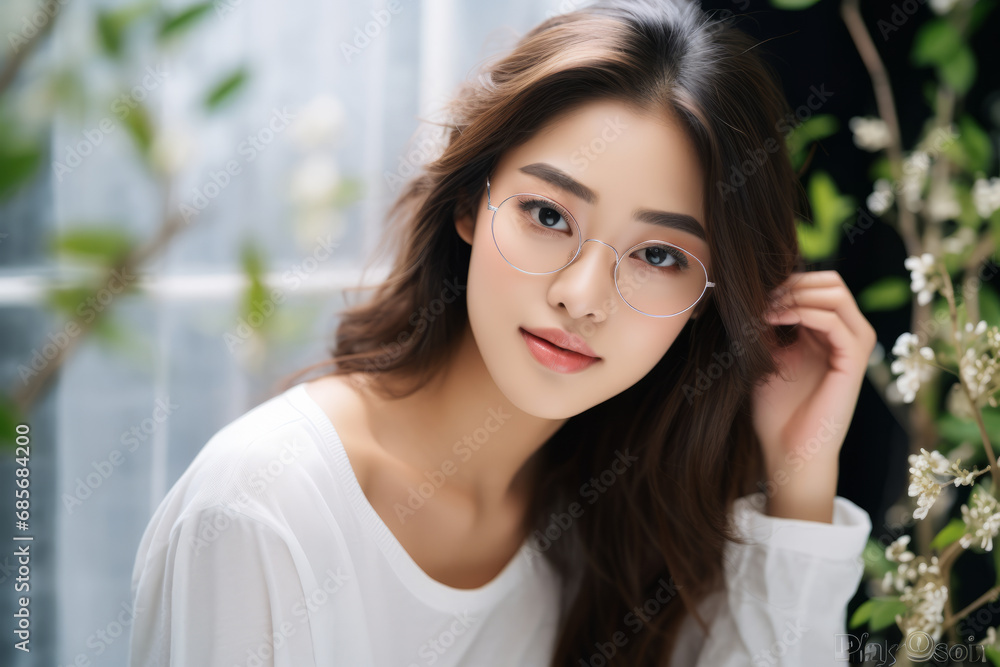 beauty asian woman wear eyeglasses in the living room beauty asian woman wear eyeglasses in the living room