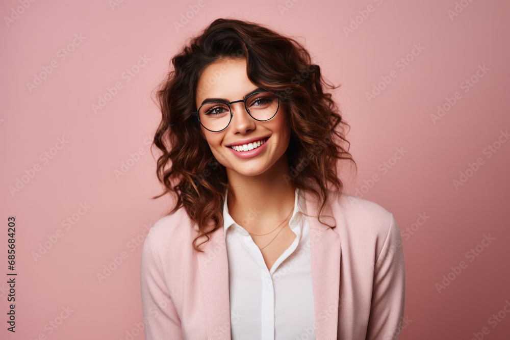 Portrait of a smiling young business woman in glasses over pink background