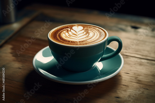 Turquoise coffee cup with latte art on dark rustic wooden table,  Image for mood board, poster,  aesthetic backdrop banner with copy space