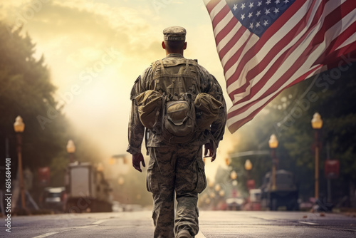 Soldier in military uniform on the background of the American flag.