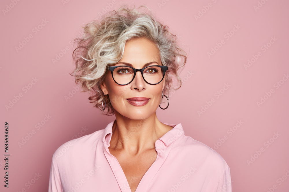 Portrait of a beautiful businesswoman in eyeglasses over pink background
