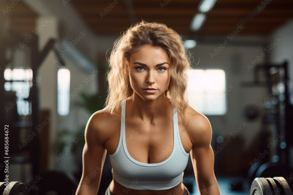 Beautiful sexy athletic young brunette Caucasian girl working out training arms in the gym gaining weight pumping up muscles and poses fitness and bodybuilding concept Beautiful sexy athletic young brunette Caucasian girl working out training arms in the gym gaining weight pumping up muscles and poses fitness and bodybuilding concept