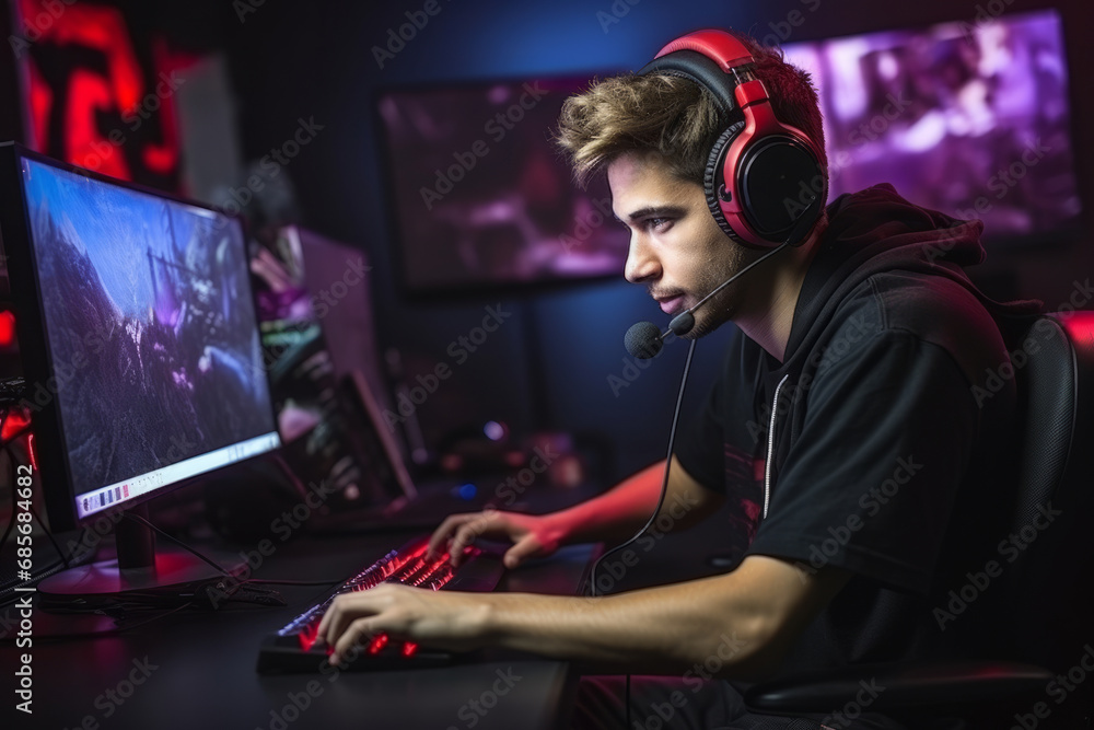 Professional streamer playing online video games at night club, wearing headphones Professional streamer playing online video games at night club, wearing headphones