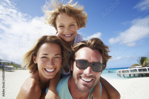 Portrait of happy family having fun on tropical beach, focus on man © koala studio