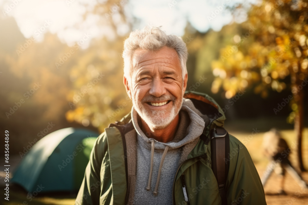Portrait of smiling senior man with backpack standing on top of mountain