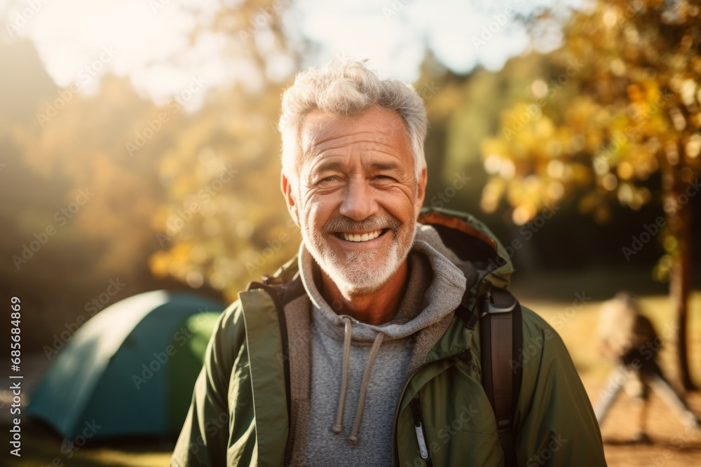 Portrait of smiling senior man with backpack standing on top of mountain Portrait of smiling senior man with backpack standing on top of mountain