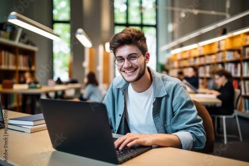 education, technology and internet concept - smiling student with laptop computer in library