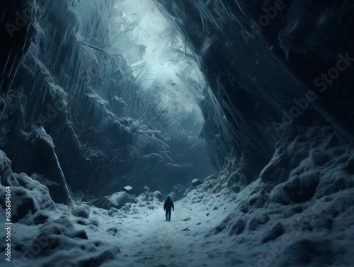 Cave of Wonders: Solitary Figure in a Mystical Icy Grotto