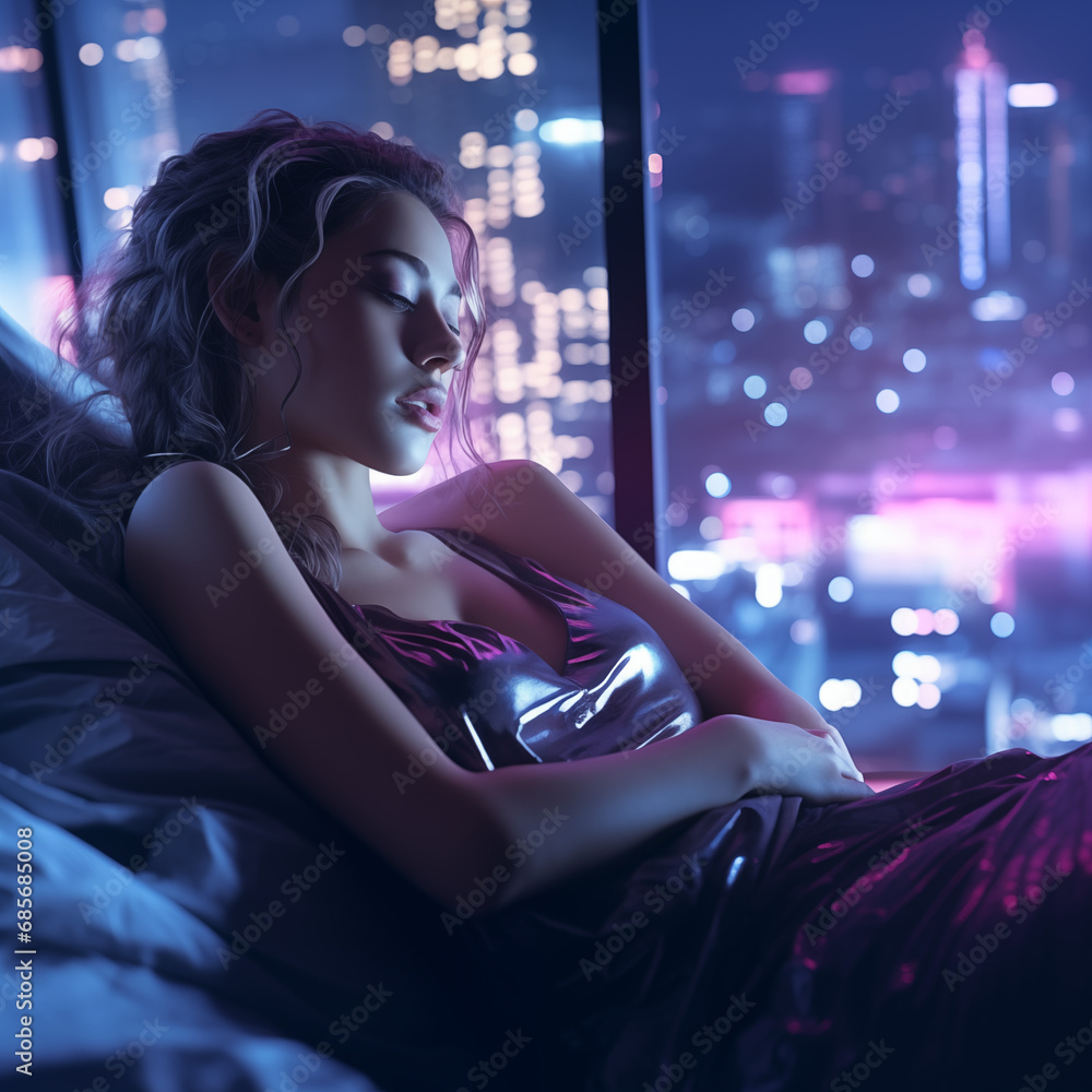 Young Woman Sleeping In Bed At Night Cyberpunk style - obrazy, fototapety, plakaty 
