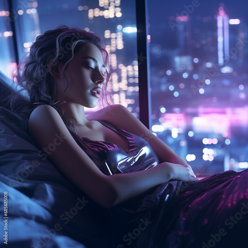 Young Woman Sleeping In Bed At Night Cyberpunk style