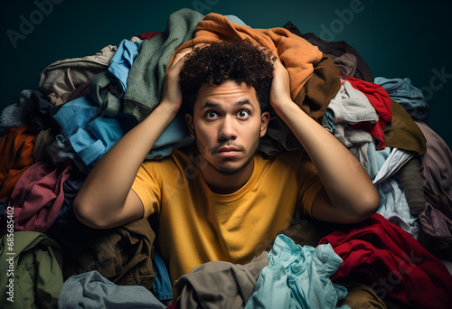 Man focused above surrounded by multicolored laundry cluttered with clothes collects clothing for recycling
