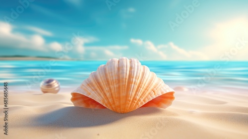 Close up of a clamshell laying in the sand by the ocean.