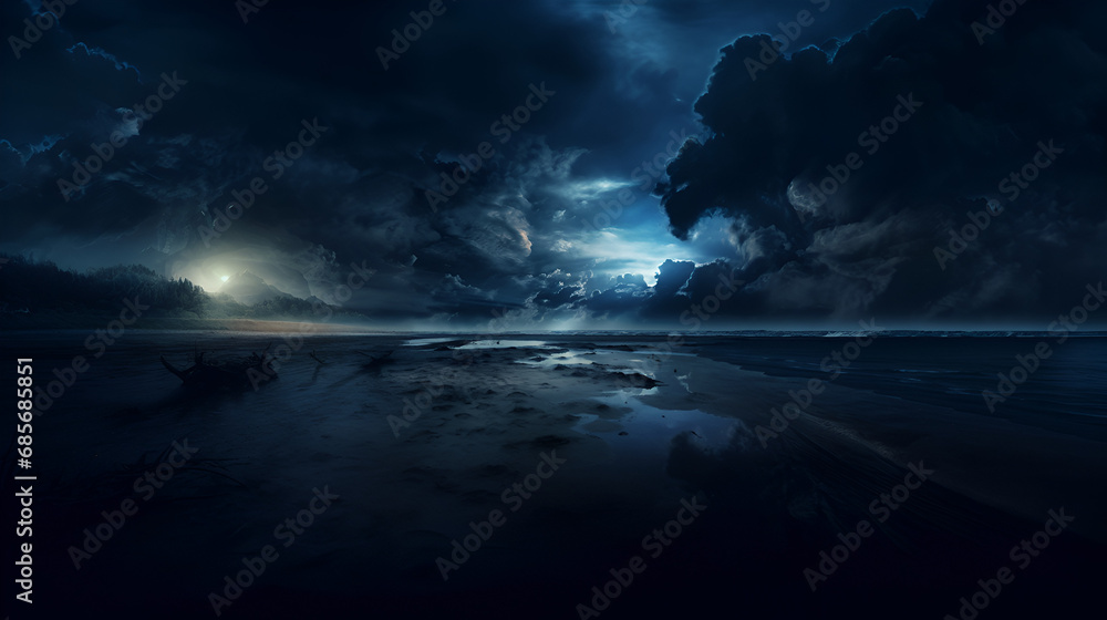 A beach background with a cloudy sky, dark mood, foog and smoke around