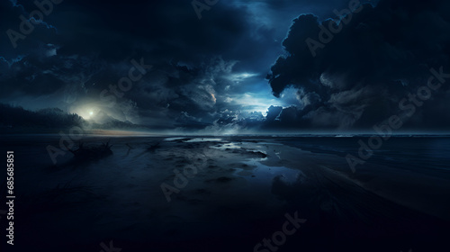 A beach background with a cloudy sky, dark mood, foog and smoke around