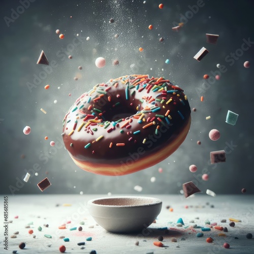 chocolate donut with sprinkles fluying background photo