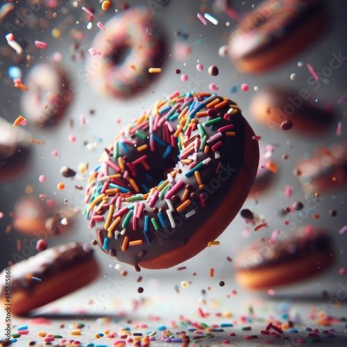 chocolate donut with sprinkles fluying background photo