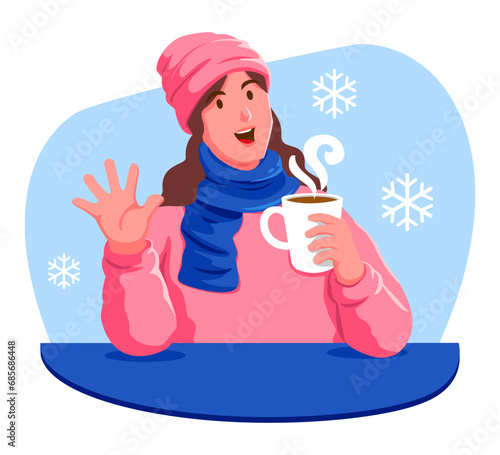 Happy woman with a cup of hot drink in the winter
