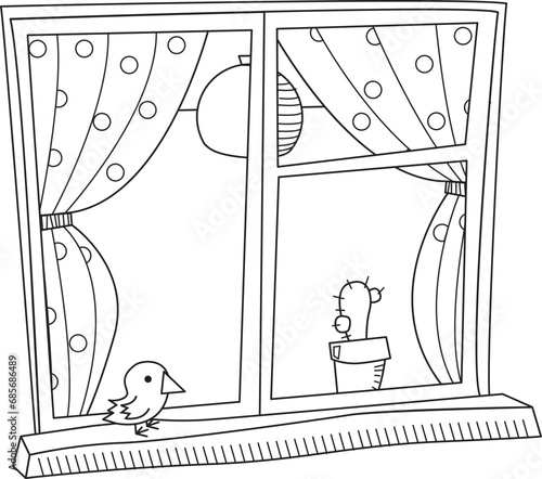 Linear vector illustration of a window with curtains and a cactus in a pot and a bird on the windowsill