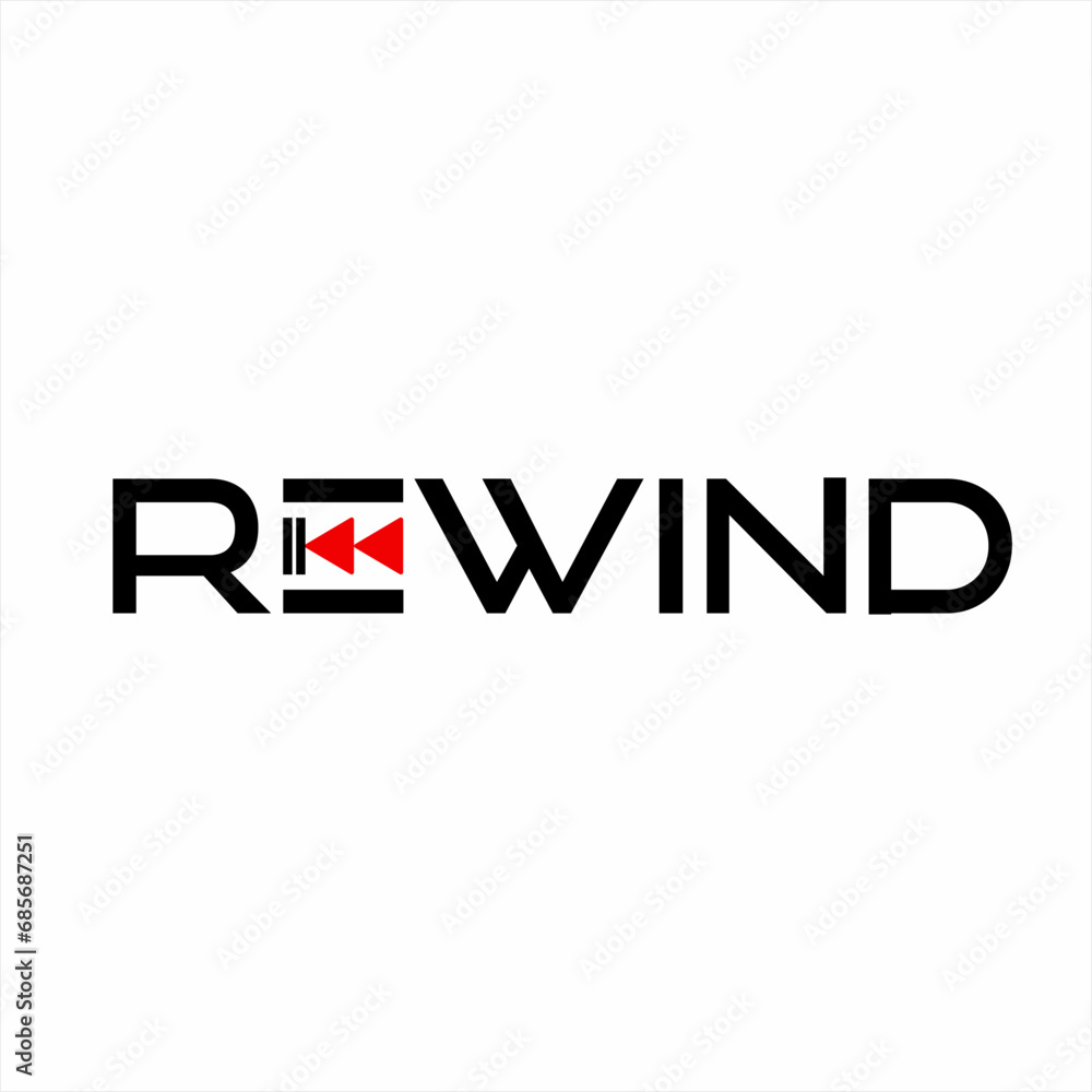 Rewind text logo design with the symbol on the letter E.