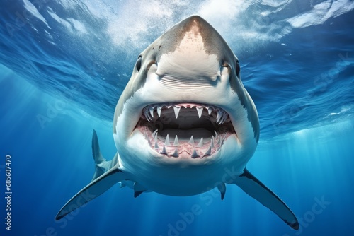 Ocean white shark view from below  open toothy mouth with many teeth