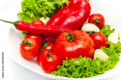 Delicious vegetable salad in bowl with water drops. Tomatoes, lettuce, garlic, chili, sweet pepper.